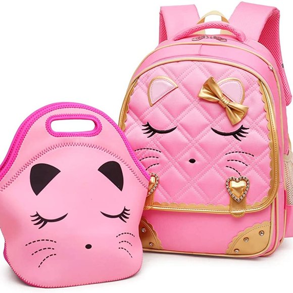 * New Cute Cat Face Bow Diamond Bling Waterproof Pink School Backpack Girls Book - Picture 2 of 15